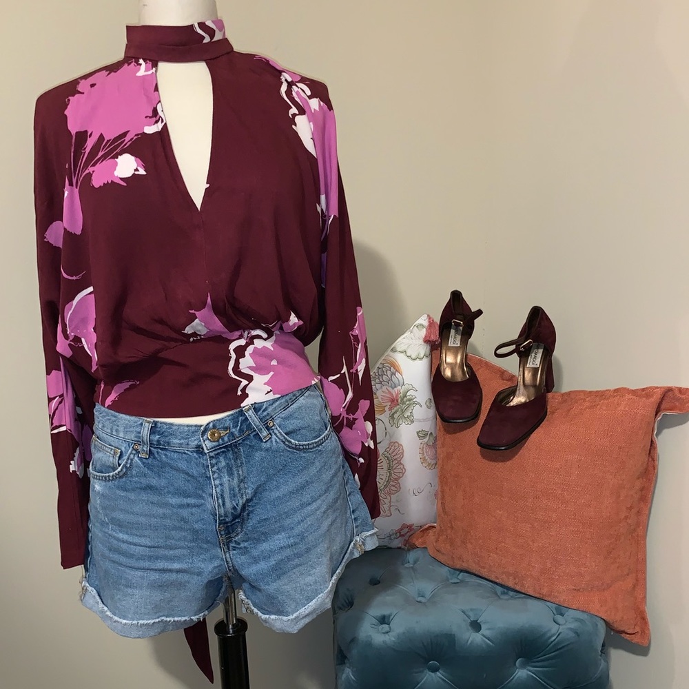 FREE PEOPLE Floral Mock Neck Long Sleeve Top SizeS